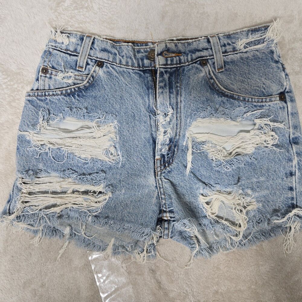 Vintage Levis Orange Tab High Waisted Distressed Cutoff Denim Shorts Light Wash